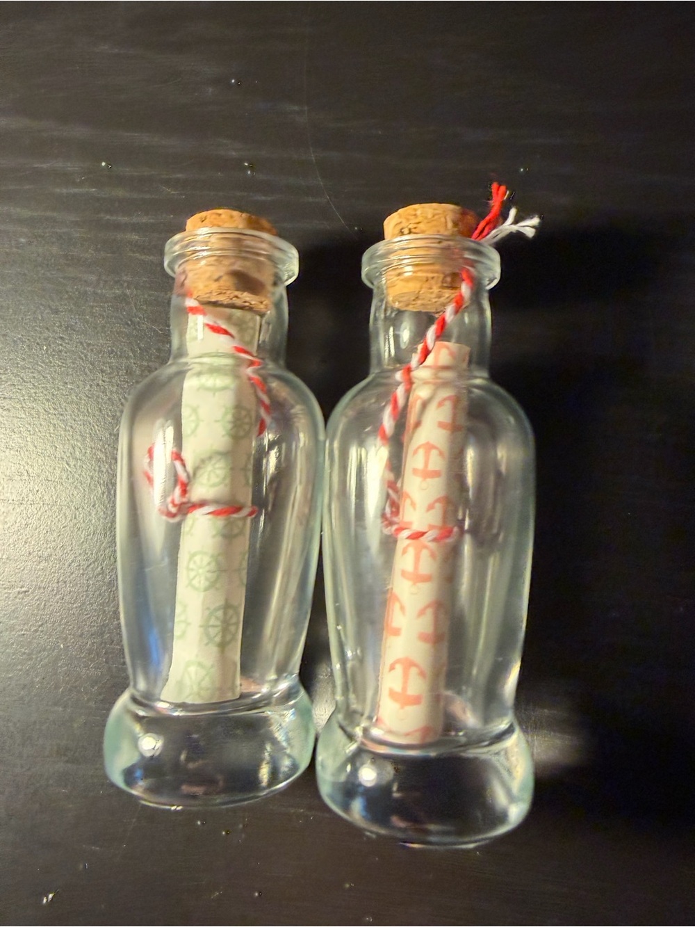 Glass Message Bottles with Cork Stoppers and Red-White Twine - Clear